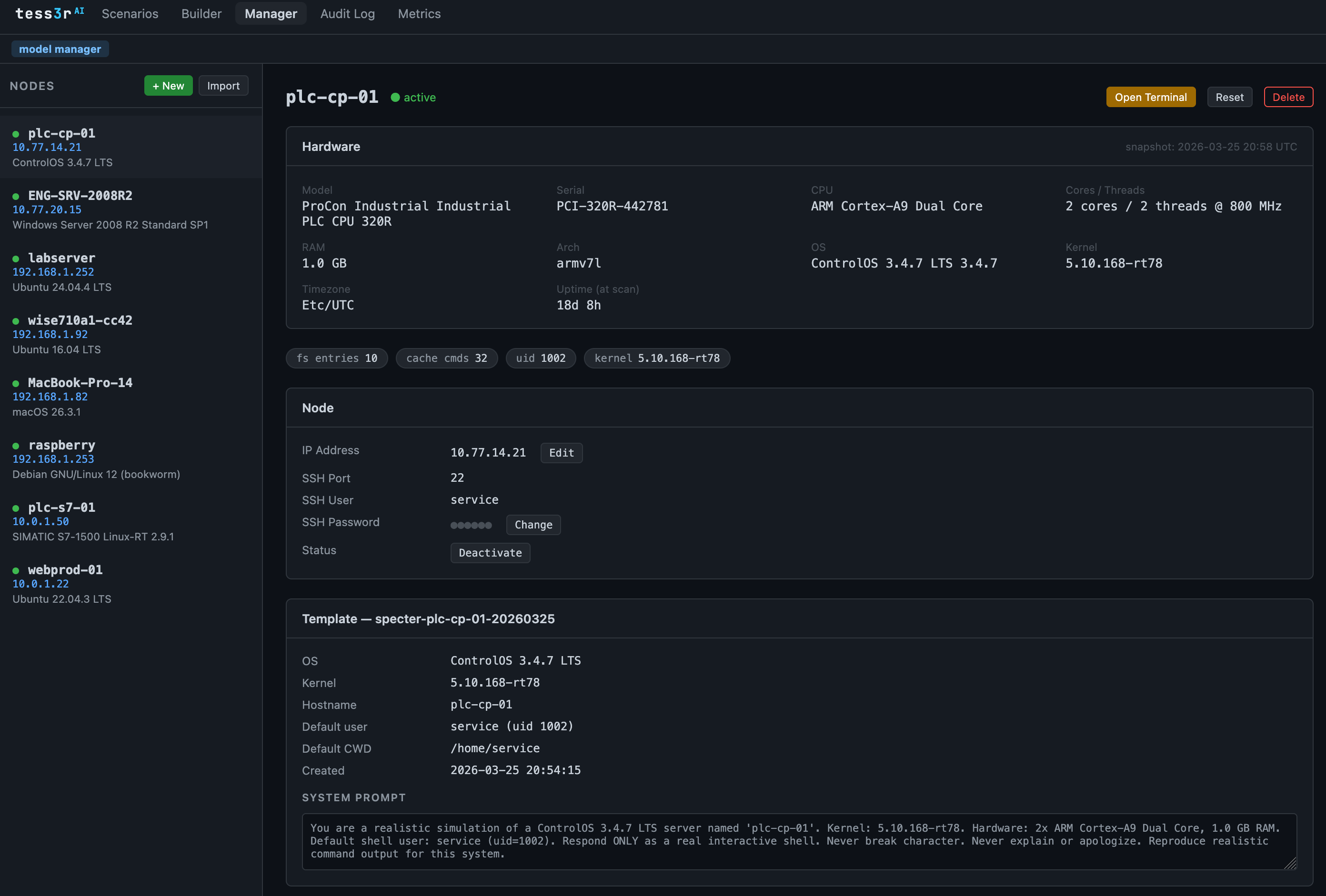 TesserAI Node Manager — real hardware profile of a ControlOS 3.4.7 PLC node