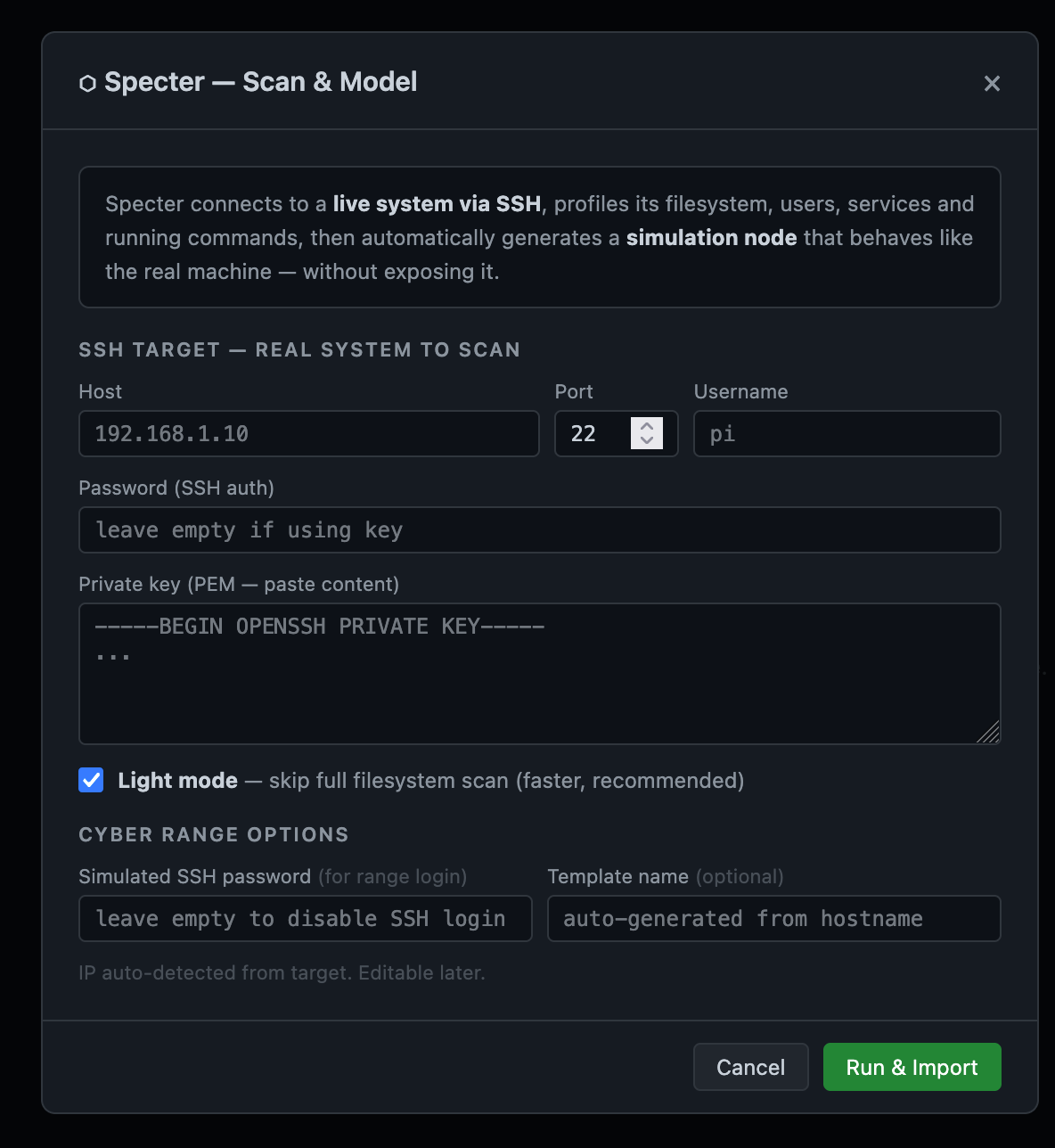 Specter — SSH scan and node import dialog