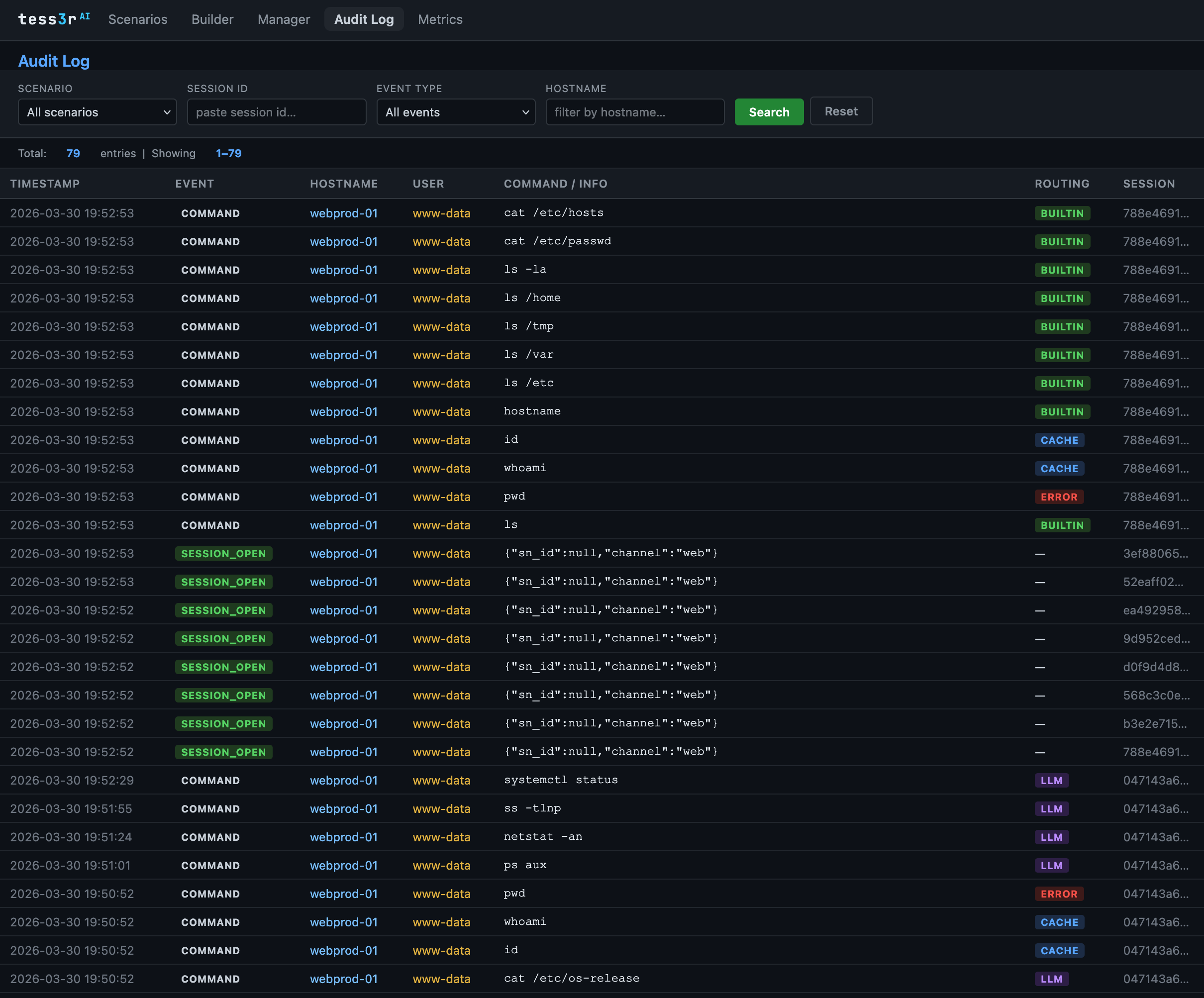 tess3r^AI Audit Log — full command history with routing badges and session replay